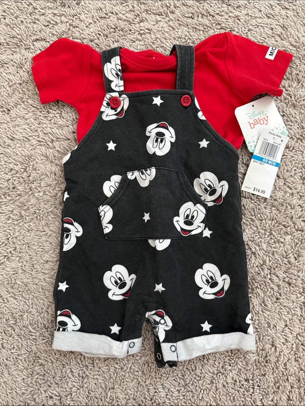 Disney Black Mickey Face Overalls with Red Tee